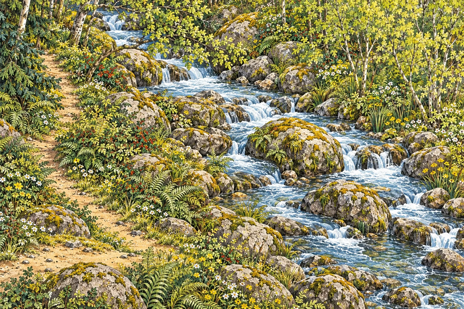 Low cascades curl around mossy pale boulders, with a shaded path on the left bank and an alder branch stretching above the water.