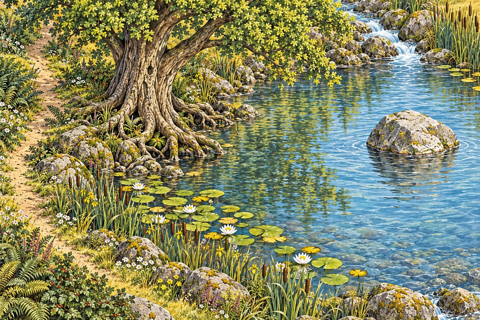The broad hickory’s roots curl into the Pool beside a narrow left-bank path, with lily pads in shallow water and the Big Rock to the right.